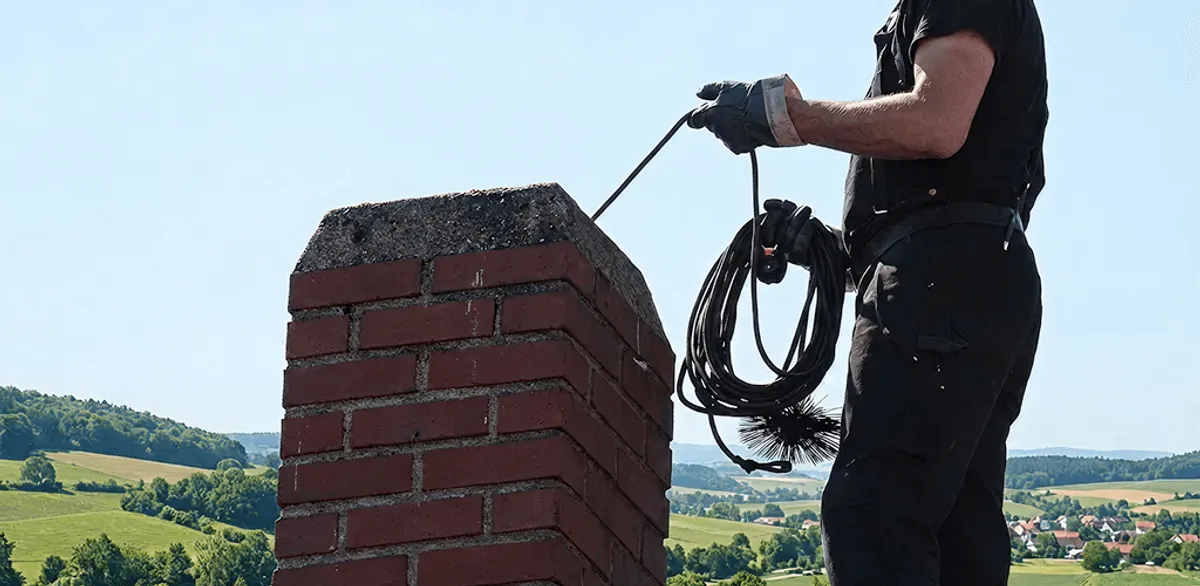 Chimney sweep inspecting and cleaning a rooftop chimney in Syracuse, NY