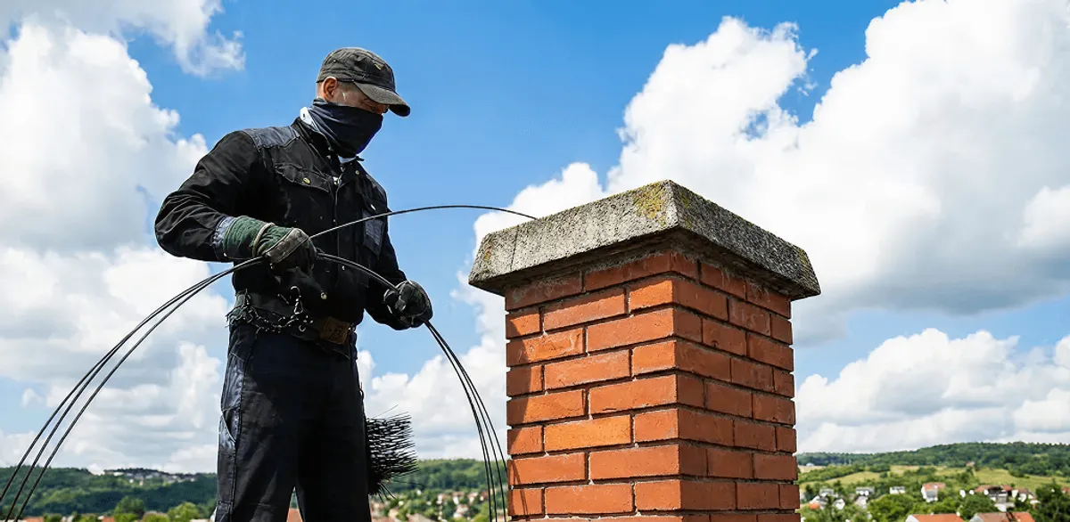 Chimney sweep cleaning a brick chimney with professional tools in Syracuse, NY